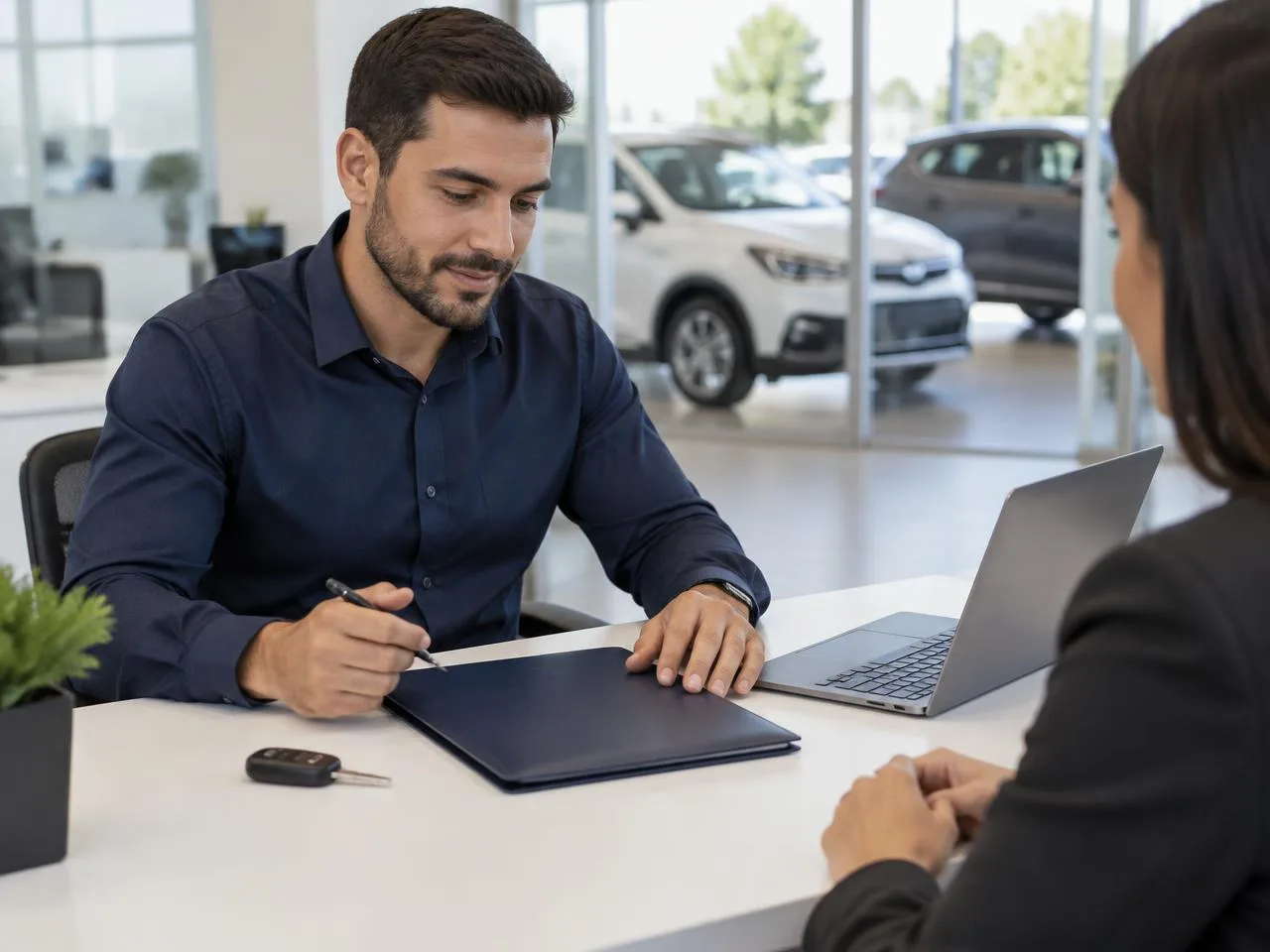 Atendimento empresarial em um ambiente automotivo, com pasta documental e computador
