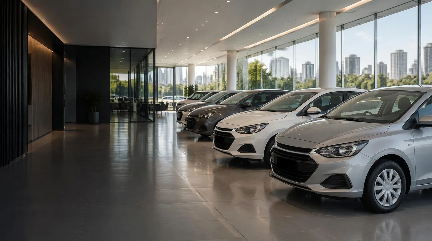 Veículos de uso cotidiano organizados em um showroom automotivo